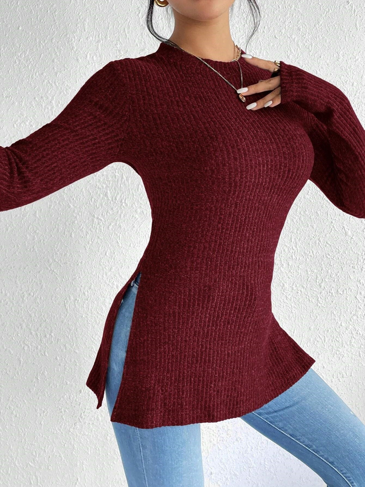 Slim Fit Sexy Women's Fall Winter New Arrival Solid Color Ribbed Brushed Knit T-Shirt With Round Neck And Ribbed Hem
