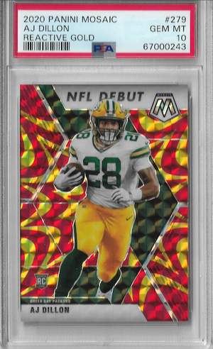 Graded 2020 Panini Mosaic AJ Dillon #279 Reactive Gold Rookie RC Football Card PSA 10 Gem Mint