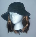 Washed Denim Cotton Bucket Hat With Attached Light Brown Hair