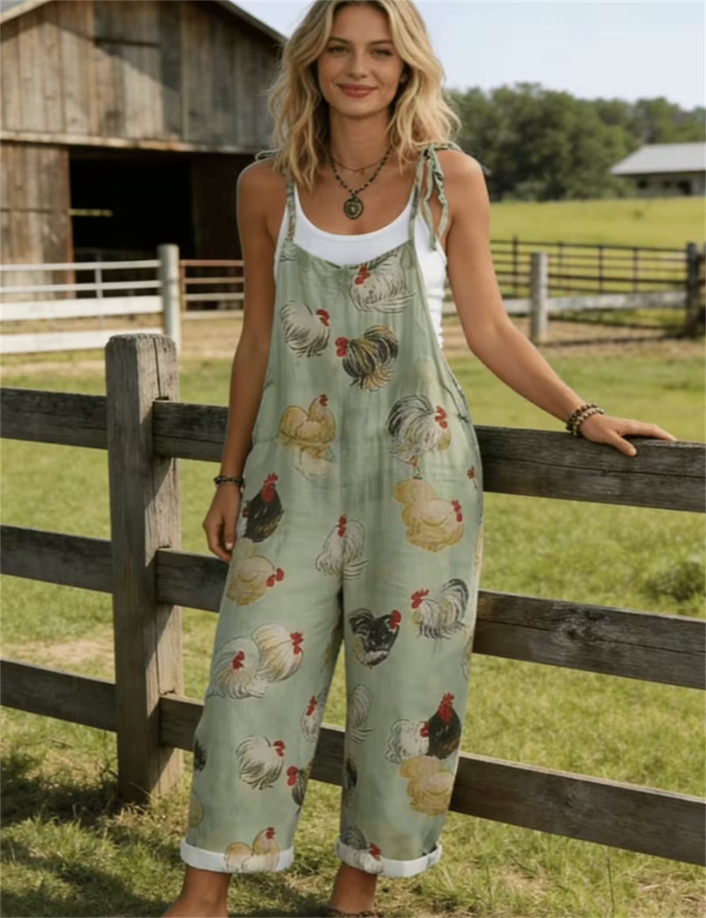Women Vintage Abstract Plant Block Print Tie Strap Overalls, Loose Wide Leg Rolled Cuff Casual Jumpsuit With Pockets