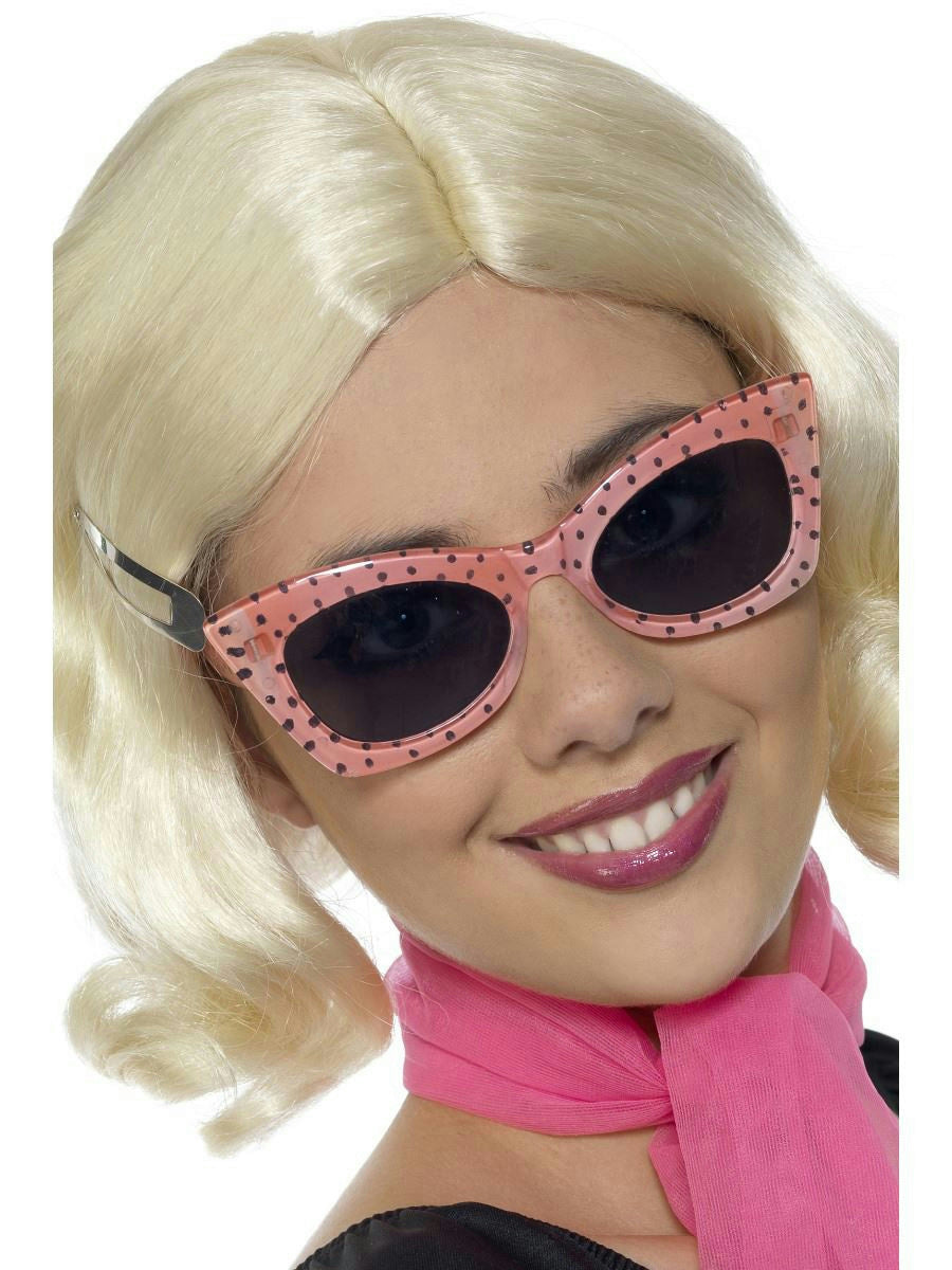 Pink 50's Style Frames Glasses with Black Polka Dots and Tinted Lenses