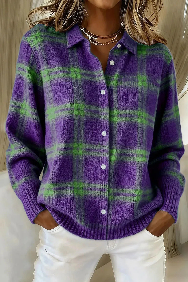 European And American Cross-Border Amazon Independent Station Women's Casual Loose Autumn And Winter Plaid Long-Sleeved Lapel Shirt Sweater Cardigan