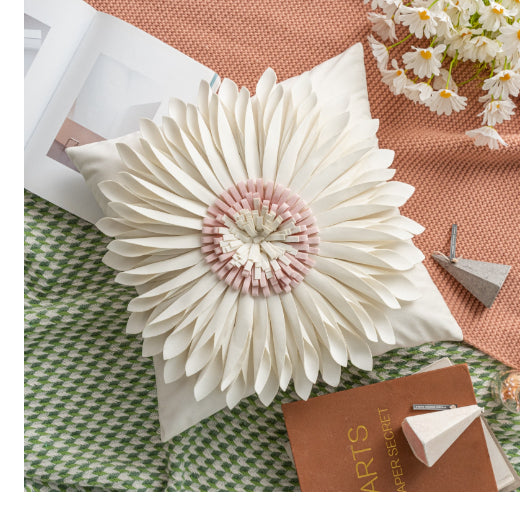 Fashion Modern Style White Throw Pillows Velvet Stitching 3D Chrysanthemum Cushion Waist Pillow Blue Cushion Case