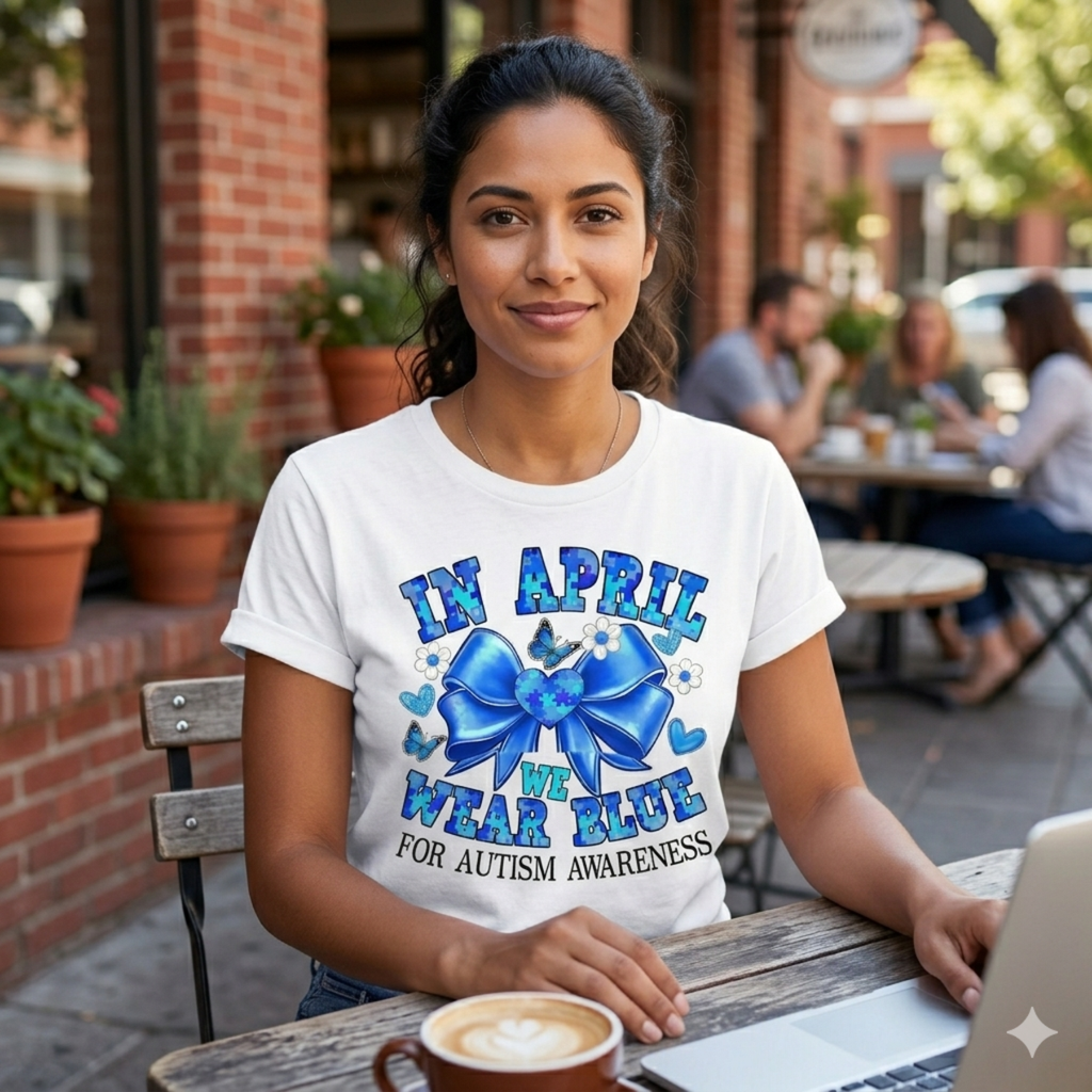 Sweet Coquette Bow Autism Awareness Tee – "In April We Wear Blue" Aesthetic Shirt