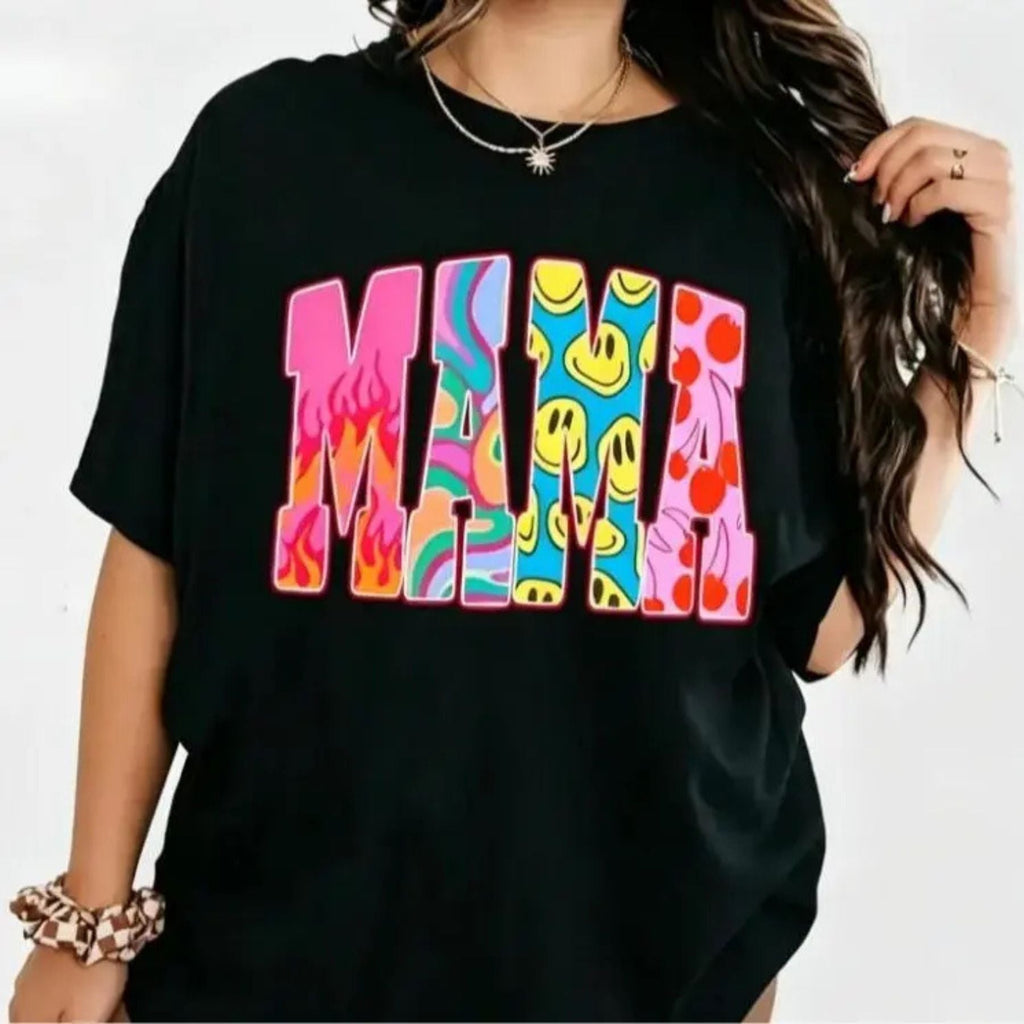Color Block "MAMA" Graphic Tee – Trendy Retro Typography T-Shirt, Remastered Heavy Cotton Boho Mom Top, Made in USA