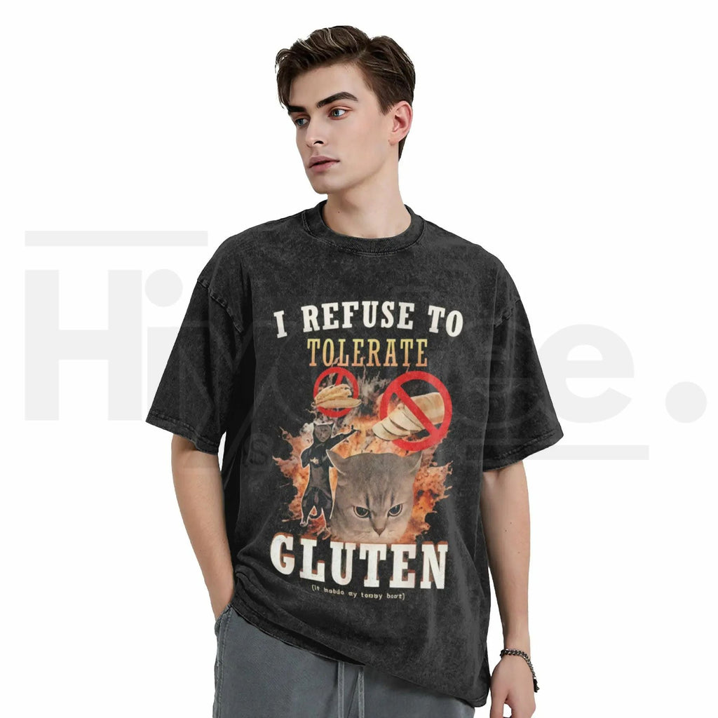 Sassy Cat "Gluten Free" Vintage Washed Tee – 230G Heavy Cotton Oversized Meme Top
