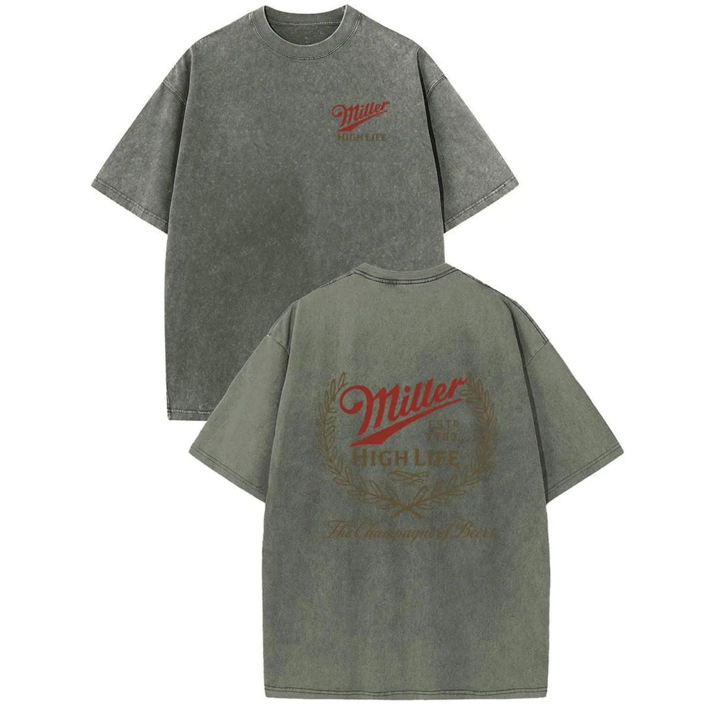 Holafish Miller High Life Acid Wash T-Shirt – Champagne of Beers Double-Sided Graphic Tee, Retro Lightweight Cotton Streetwear