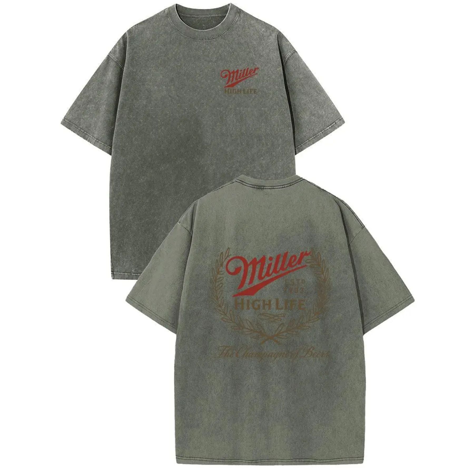 Holafish Miller High Life Acid Wash T-Shirt – Champagne of Beers Double-Sided Graphic Tee, Retro Lightweight Cotton Streetwear
