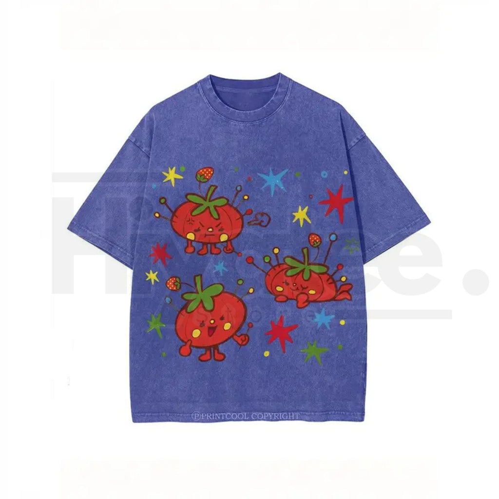 Cute Tomato Graphic Vintage Washed T-Shirt – Batik Cotton Oversized Unisex Tee