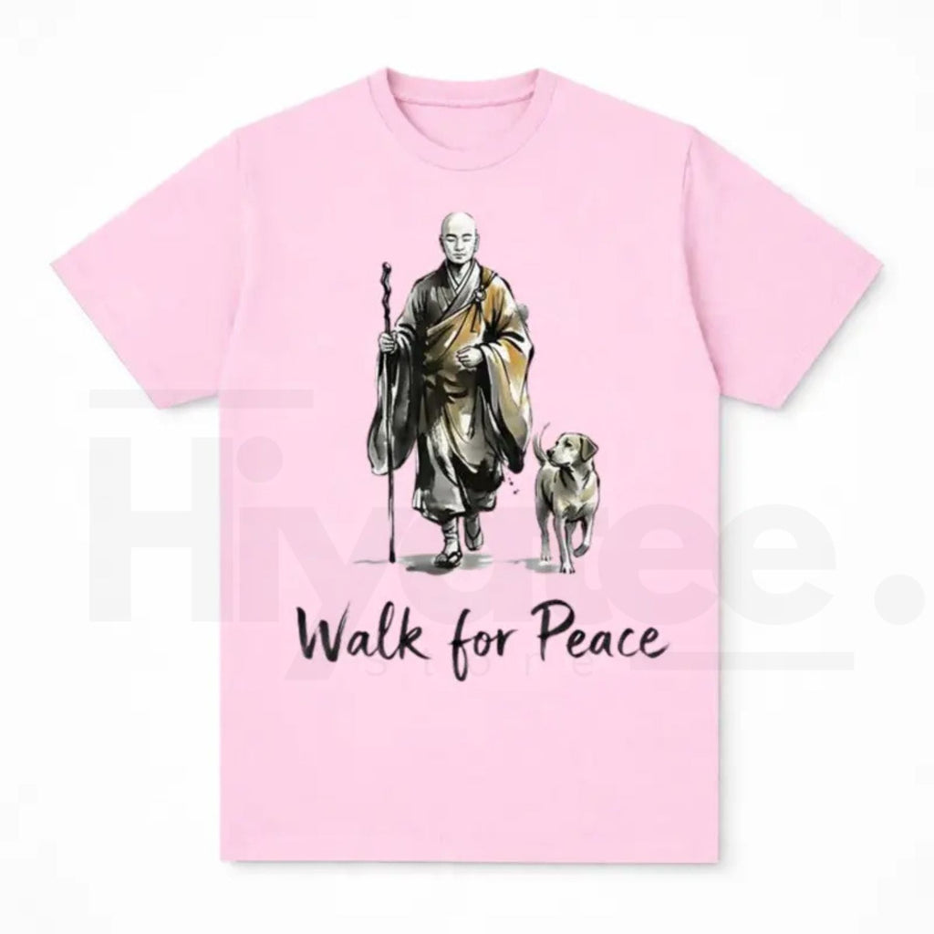Aesthetic "Walk For Peace" Zen T-Shirt – Minimalist Monk & Dog Graphic Tee