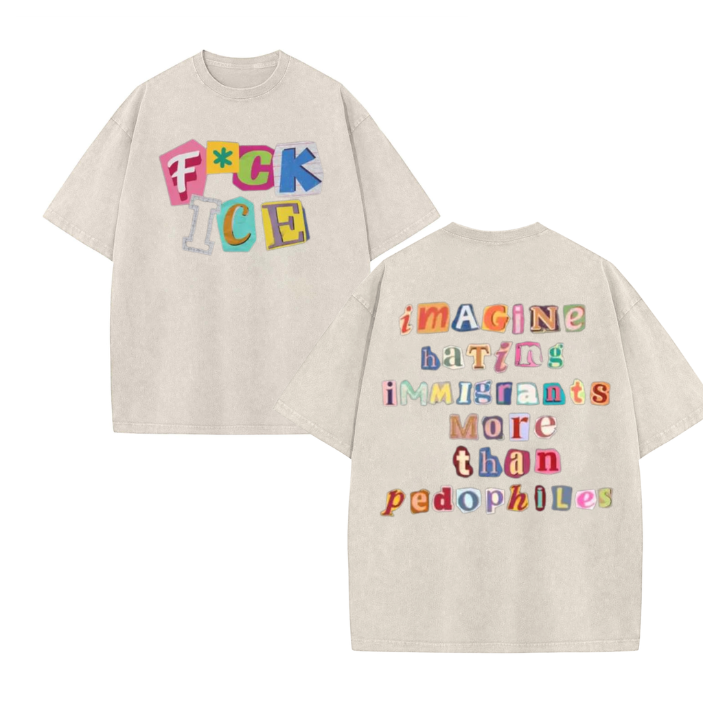 2-Sided "Anti ICE" Graphic Tee – Vintage Washed Magazine Letter Shirt