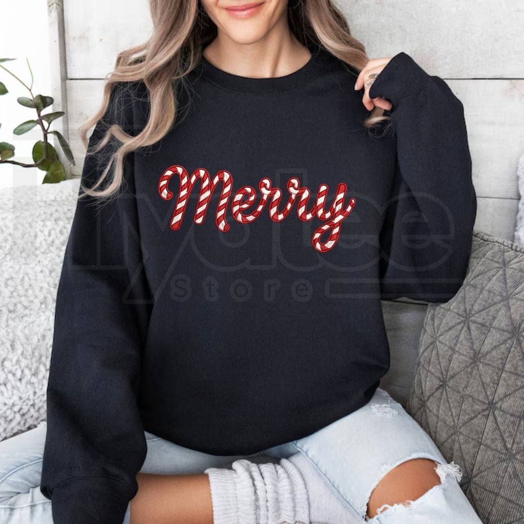Embroidered Merry Christmas Sweatshirt, Candy Cane Holiday Graphic Pullover