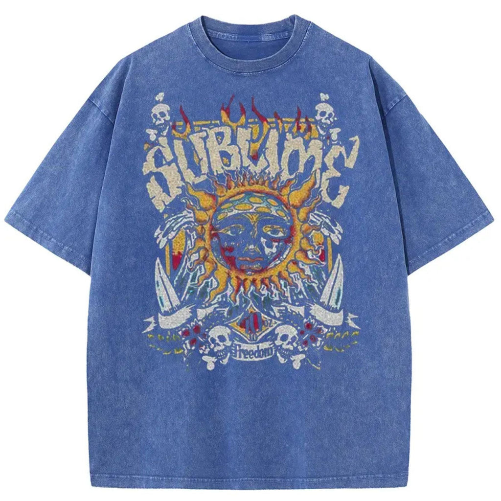 Sun Pattern Acid Washed T-Shirt – Oversized Unisex Vintage Graphic Tee