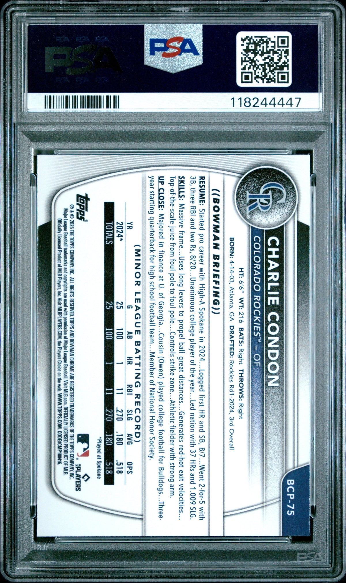 Graded 2025 Topps Bowman Charlie Condon #BCP75 Chrome Prospects Rookie RC Baseball Card PSA 10 Gem Mint
