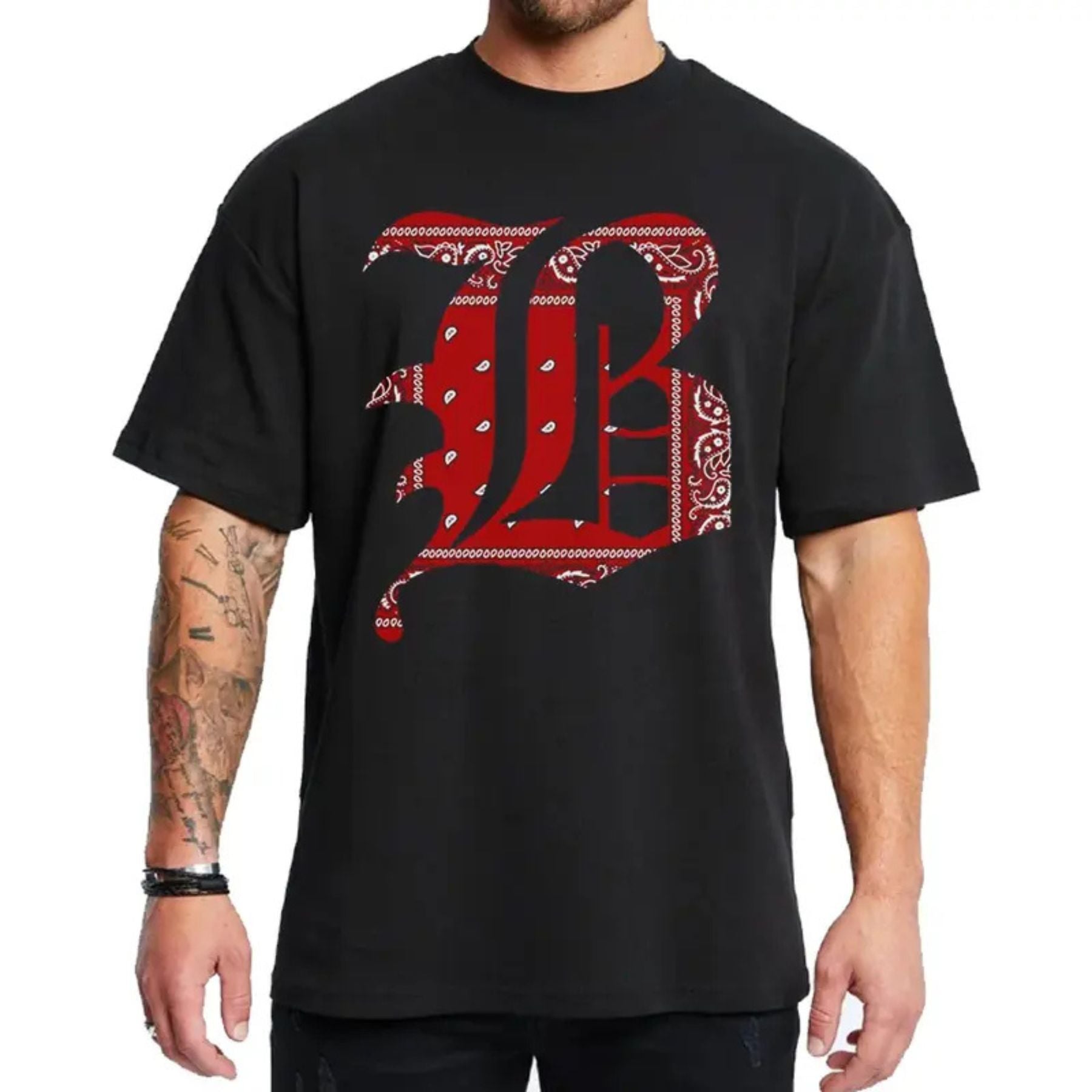 "B Bandana Lettering" Chicano Style T-Shirt – Lowrider Unisex Streetwear Top, West Coast Script Graphic Tee for Men & Women