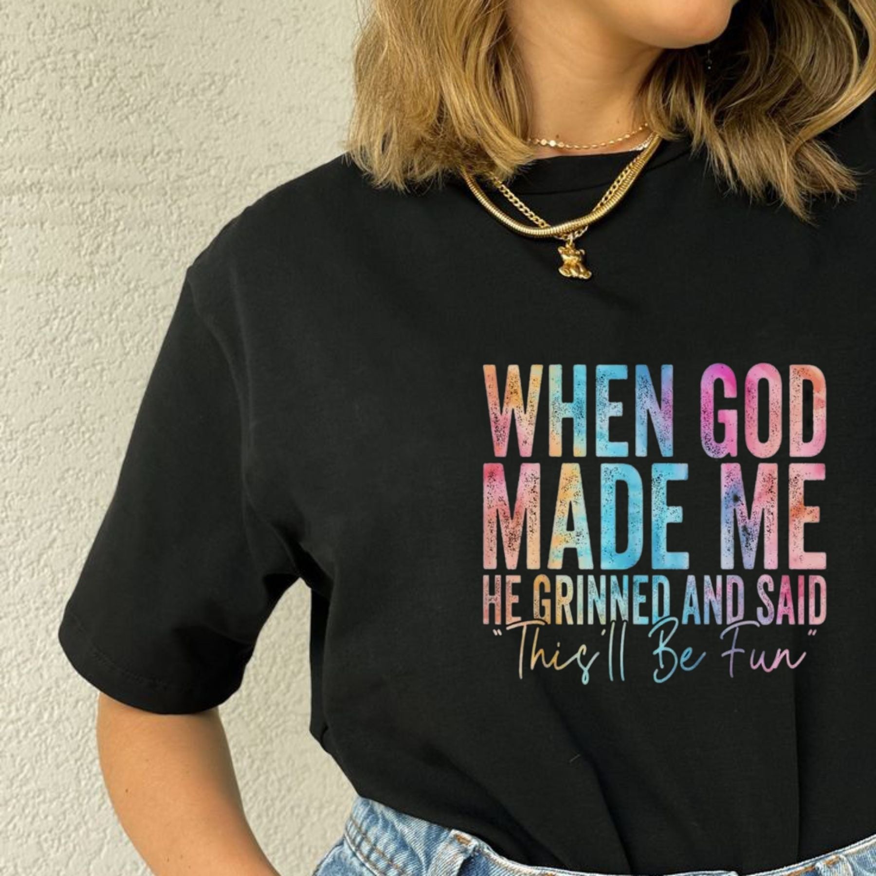"When God Made Me He Grinned" Funny T-Shirt – Sarcastic Religious Humor Graphic Tee, Unisex Cotton Shirt
