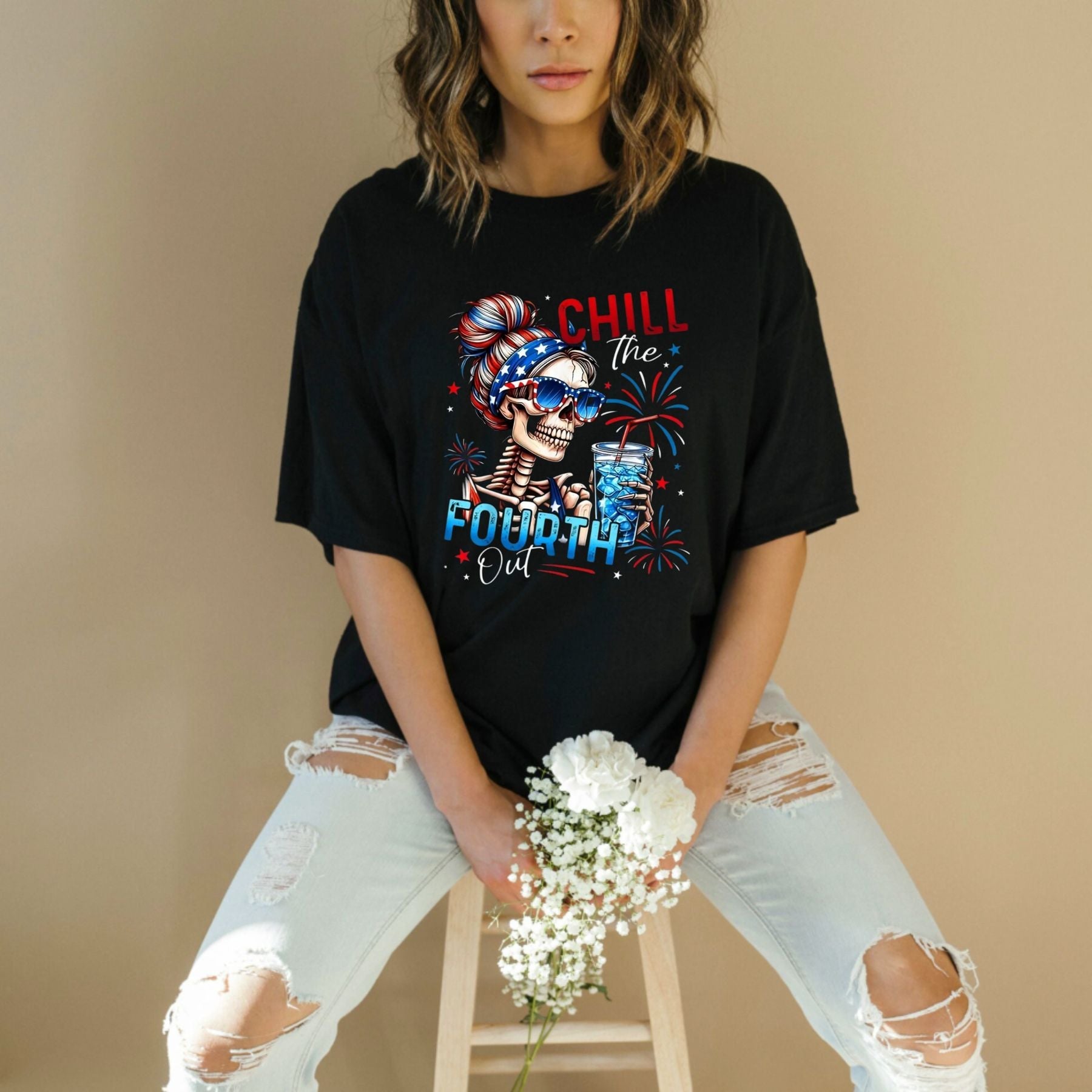 "Chill The Fourth Out" Skeleton T-Shirt – Funny 4th of July Patriotic Graphic Tee, Unisex Cotton Shirt