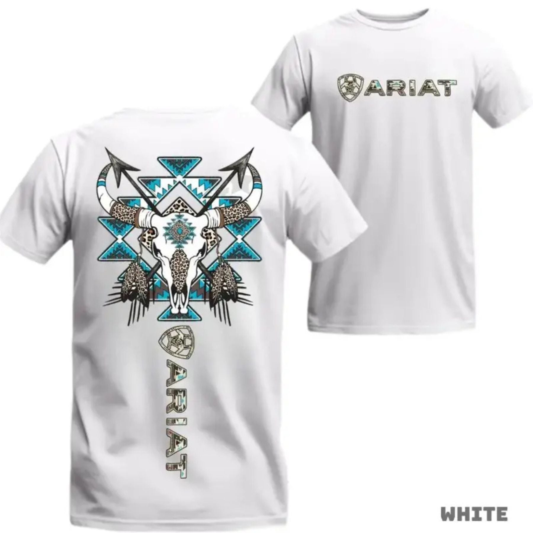 Western Tribal Skull T-Shirt – Bull Skull & Blue Aztec Graphic Tee, Unisex Cotton Shirt