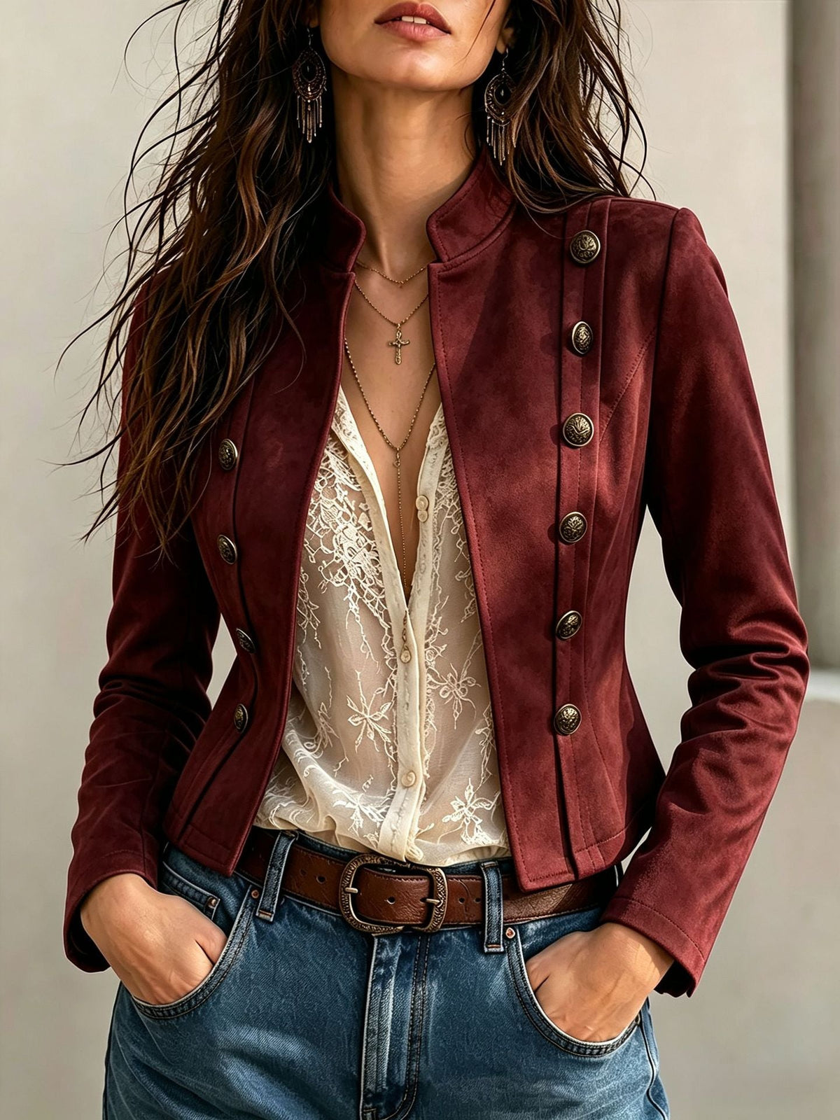 Vintage Double-Breasted Short Coat Womens Stand-Neck Jacket