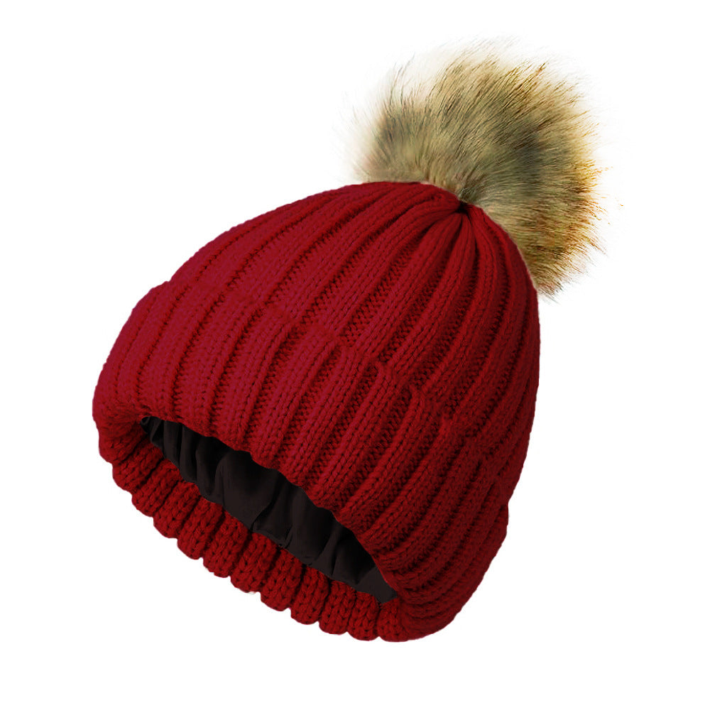 Womens Solid-Color Brimmed Hat With Satin Pom-Pom