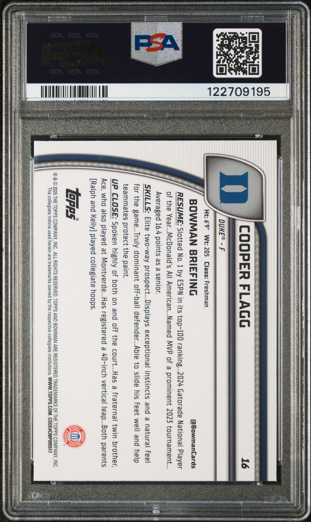 Graded 2024 Topps Bowman U Sapphire Cooper Flagg #16 Rookie RC Basketball Card PSA 10 Gem Mint