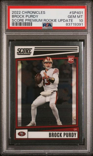 Graded 2022 Panini Chronicles Brock Purdy #SP401 Score Premium Rookie Update RC Football Card PSA 10 Gem Mint