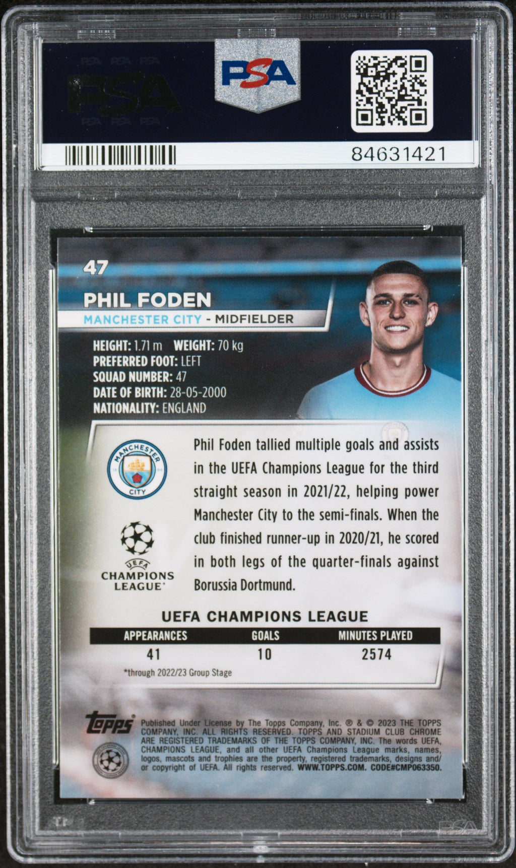 Graded 2022 Topps Stadium Chrome UCC Phil Foden #47 Blue Prism Soccer Card PSA 10 Gem Mint