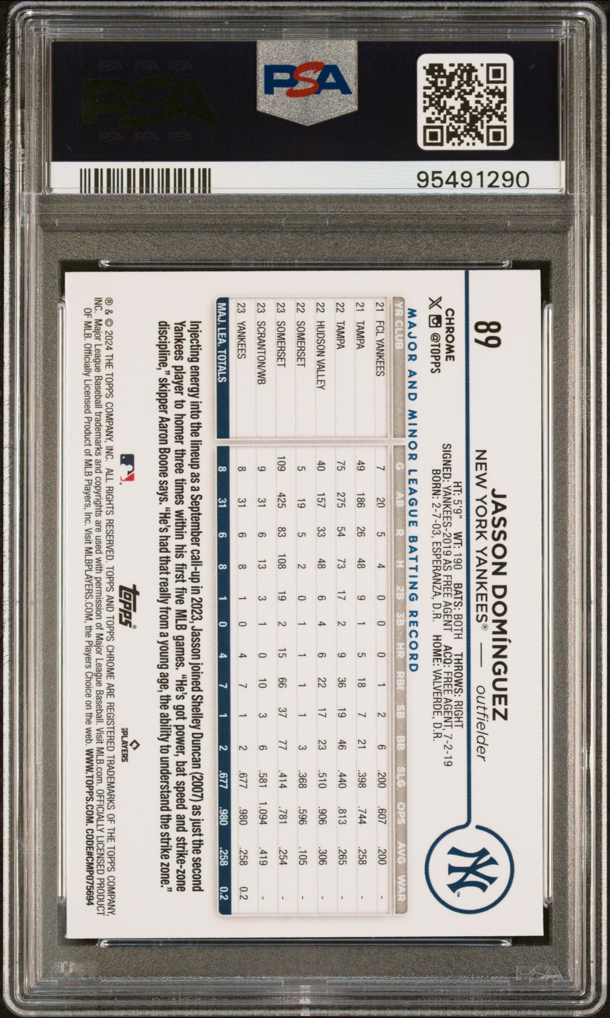 Graded 2024 Topps Chrome Jasson Dominguez #89 Rookie RC Baseball Card PSA 9 Mint