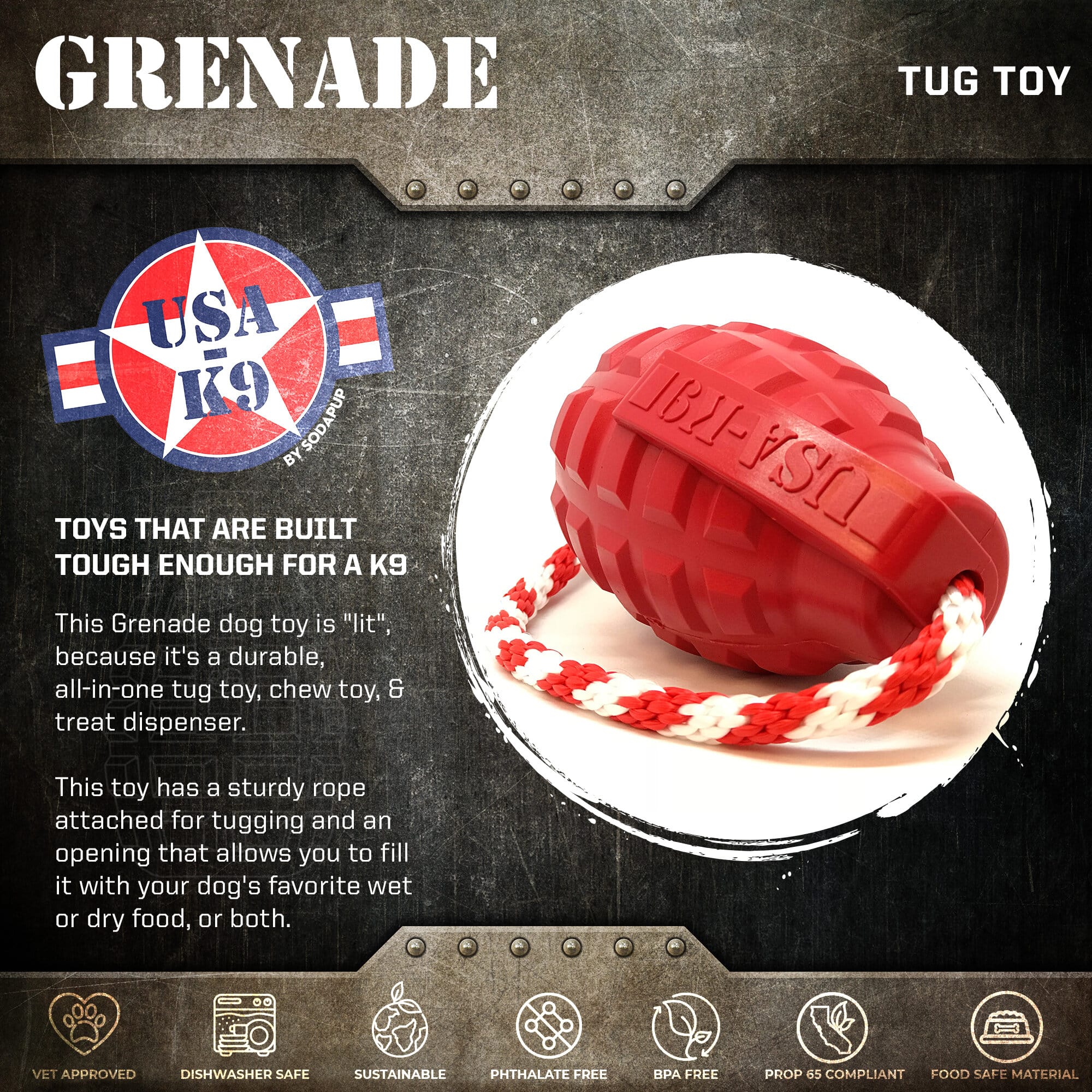 USA-K9 Grenade Rubber Dog Chew Toy | K9 Handler Reward Toy | USA Made