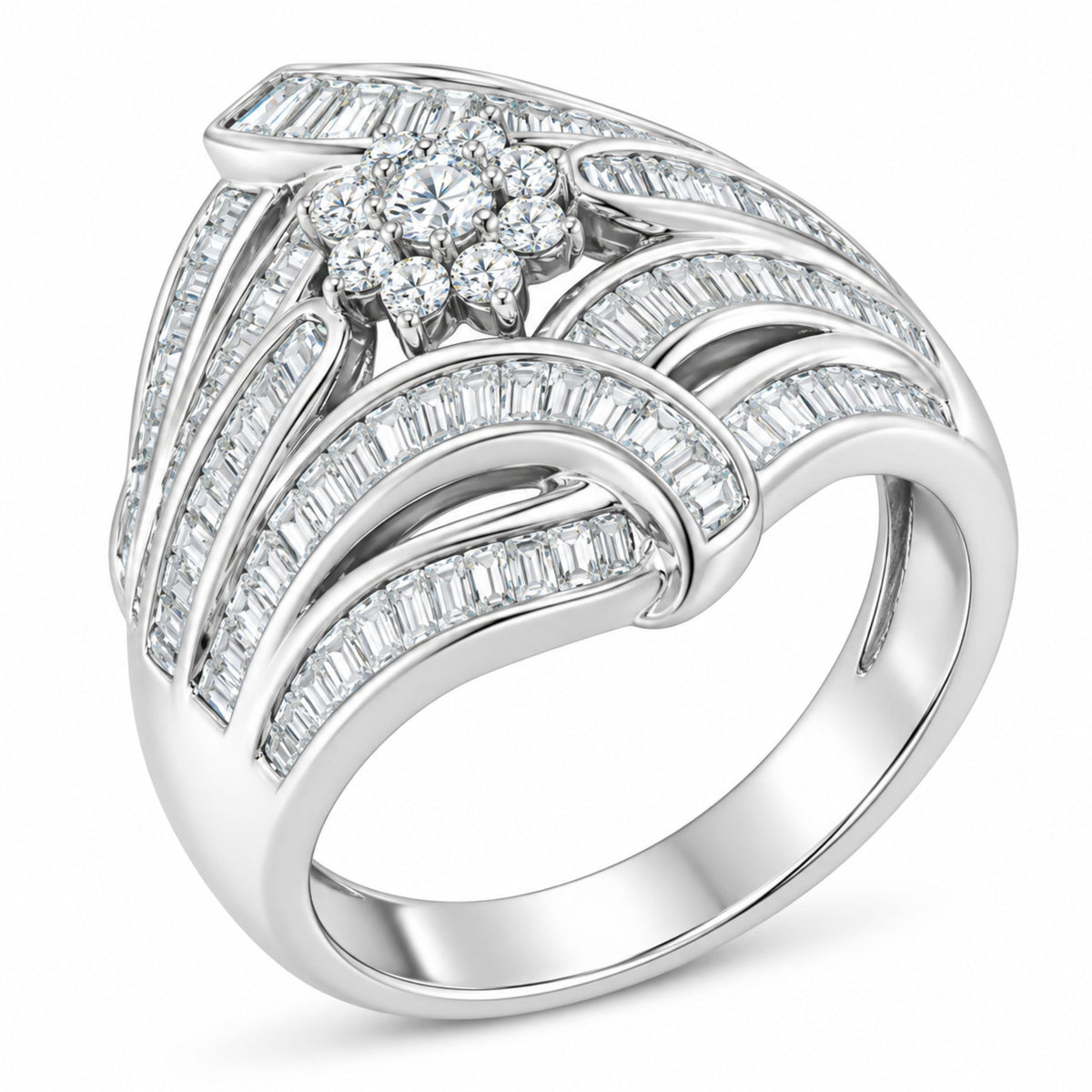 .925 Sterling Silver 1-1/8 Cttw Round & Baguette Diamond 'Flower & Fern' Cluster Cocktail Fashion Ring (I-J Color, I2-I3 Clarity) - Size 6