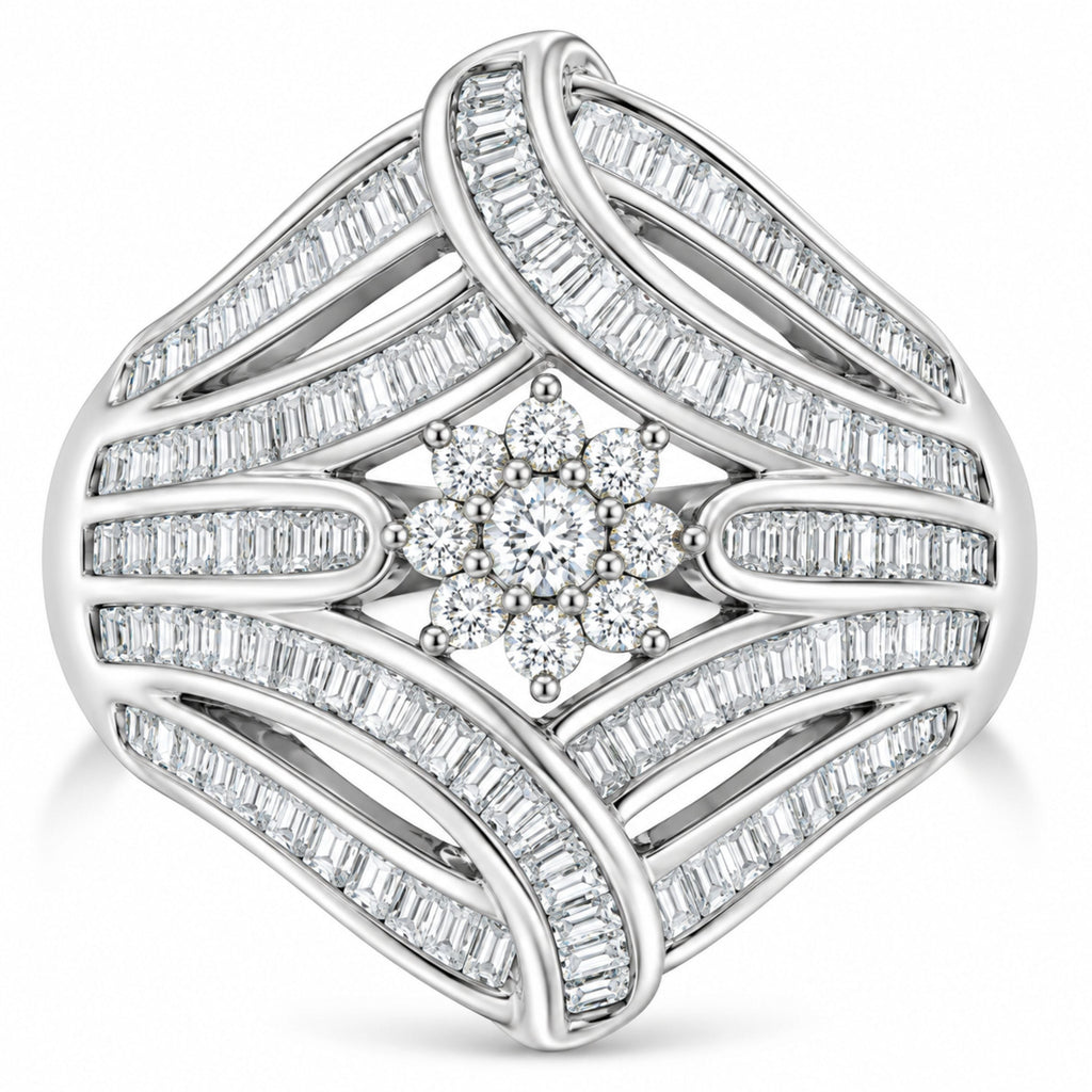 .925 Sterling Silver 1-1/8 Cttw Round & Baguette Diamond 'Flower & Fern' Cluster Cocktail Fashion Ring (I-J Color, I2-I3 Clarity) - Size 6