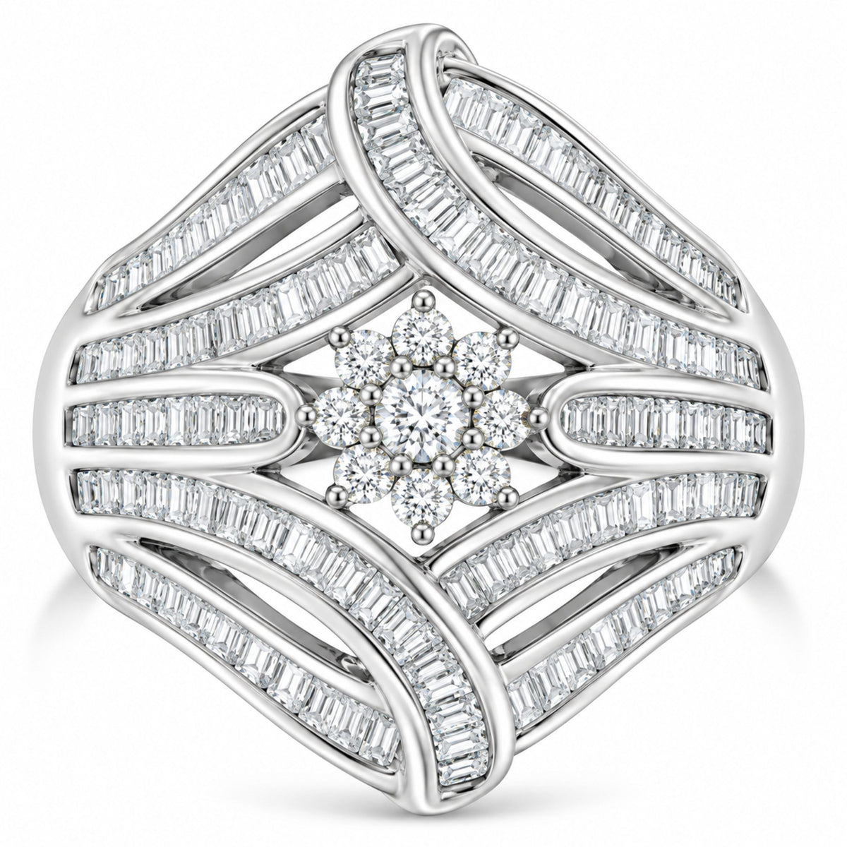 .925 Sterling Silver 1-1/8 Cttw Round & Baguette Diamond 'Flower & Fern' Cluster Cocktail Fashion Ring (I-J Color, I2-I3 Clarity) - Size 6