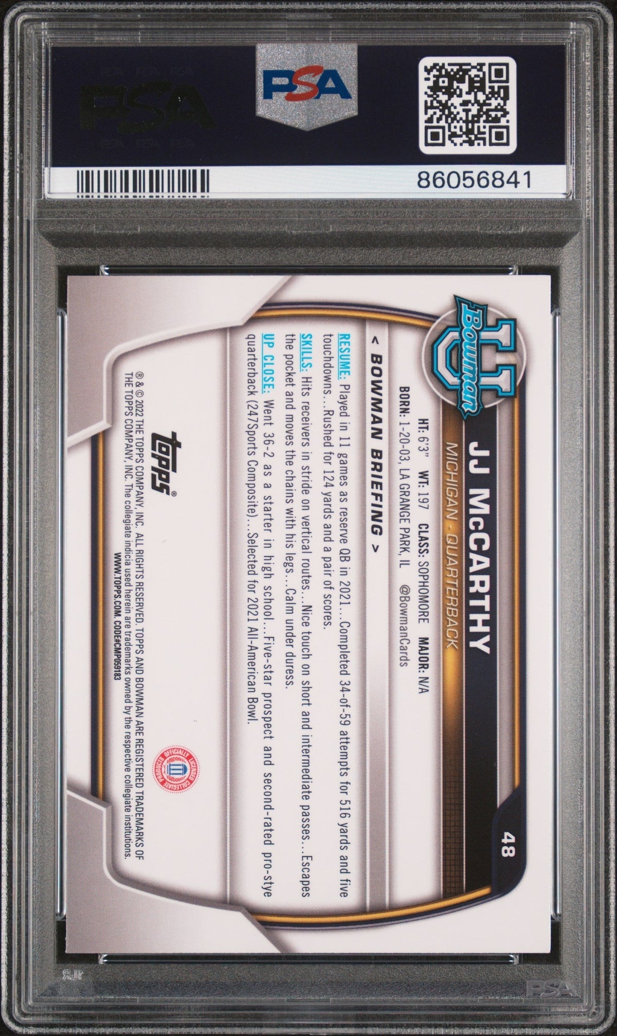 Graded 2022 Topps Bowman University JJ McCarthy #48 Chrome Prospects Rookie RC Football Card PSA 10 Gem Mint
