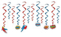 Superhero Party Dangling Whirls Hanging Decorations Red Blue Kaboom Bam Pow