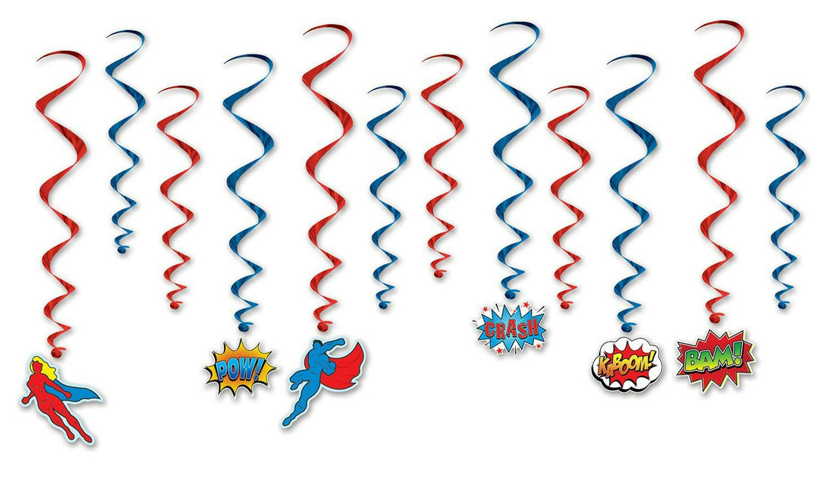 Superhero Party Dangling Whirls Hanging Decorations Red Blue Kaboom Bam Pow