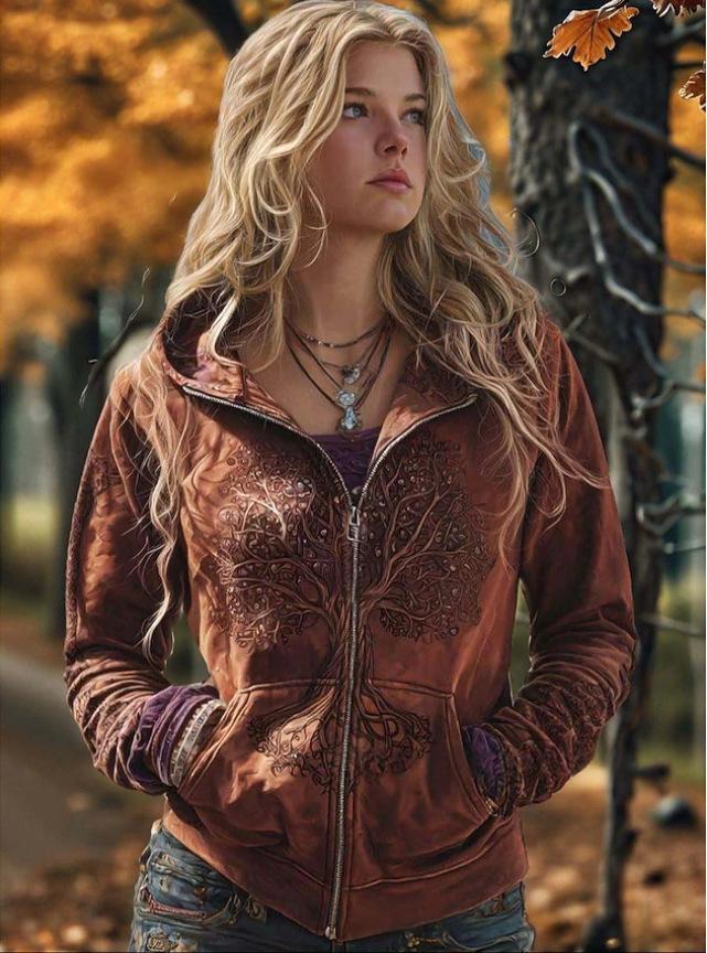 Printed Hooded Zip-Up Cardigan Fashionable Casual Womens Sweatshirt