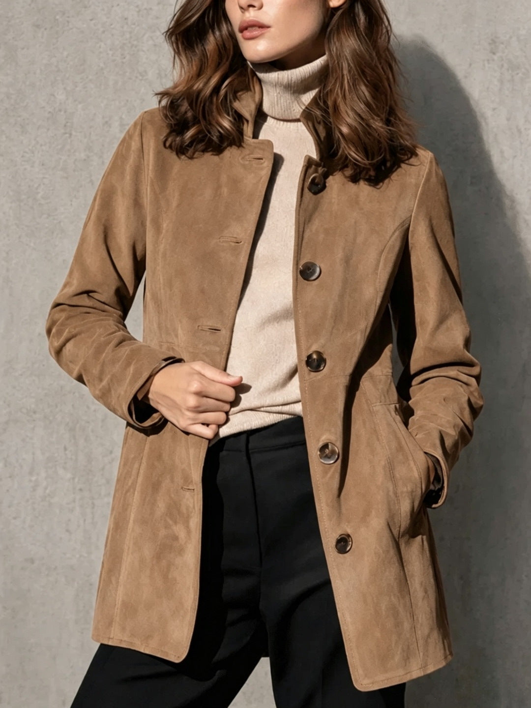 Suede Mid-length Loose-fit Casual Womens Jacket