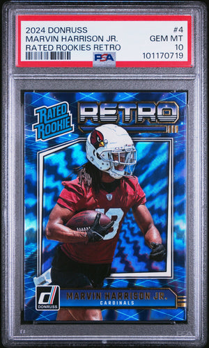 Graded 2024 Panini Donruss Marvin Harrison Jr #4 Rated Rookies Retro Rookie RC Football Card PSA 10 Gem Mint