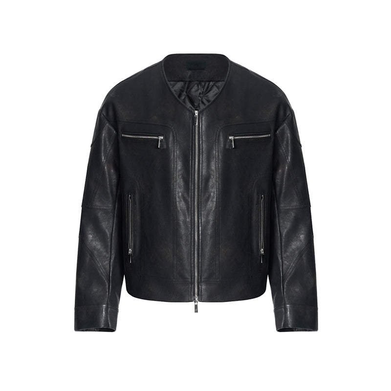 Niche V-neck Zipper Design Leather Coat For Men