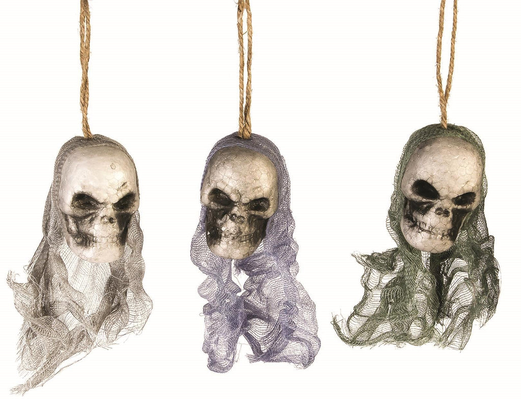 3 Bloody Hanging Skulls with Mesh Netting Hoods