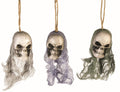 3 Bloody Hanging Skulls with Mesh Netting Hoods