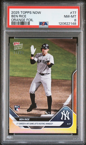 Graded 2025 Topps Now Ben Rice #77 Orange Foil /25 Rookie RC Baseball Card PSA 8 Near Mint