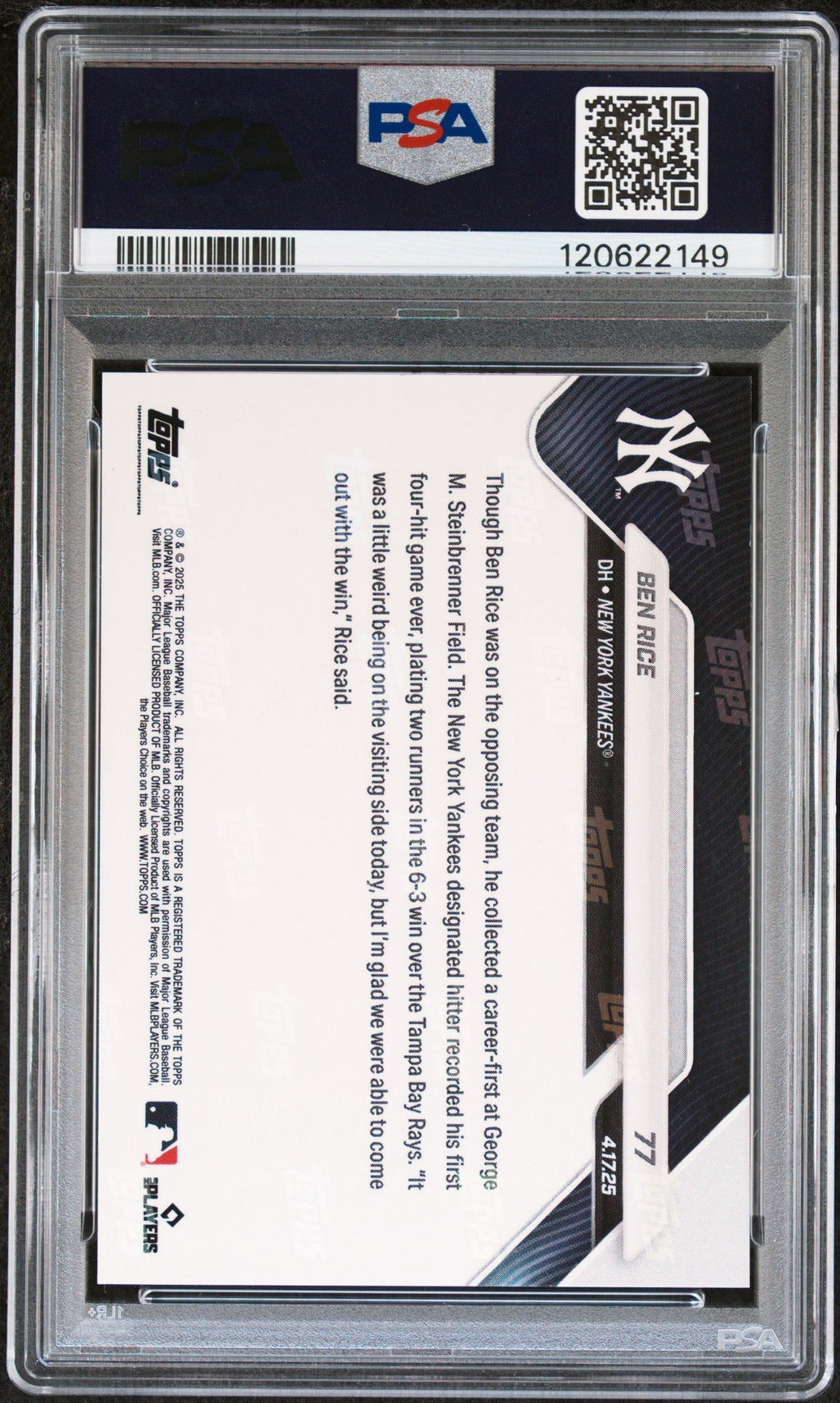 Graded 2025 Topps Now Ben Rice #77 Gold Foil /50 Rookie RC Baseball Card PSA 8 Near Mint