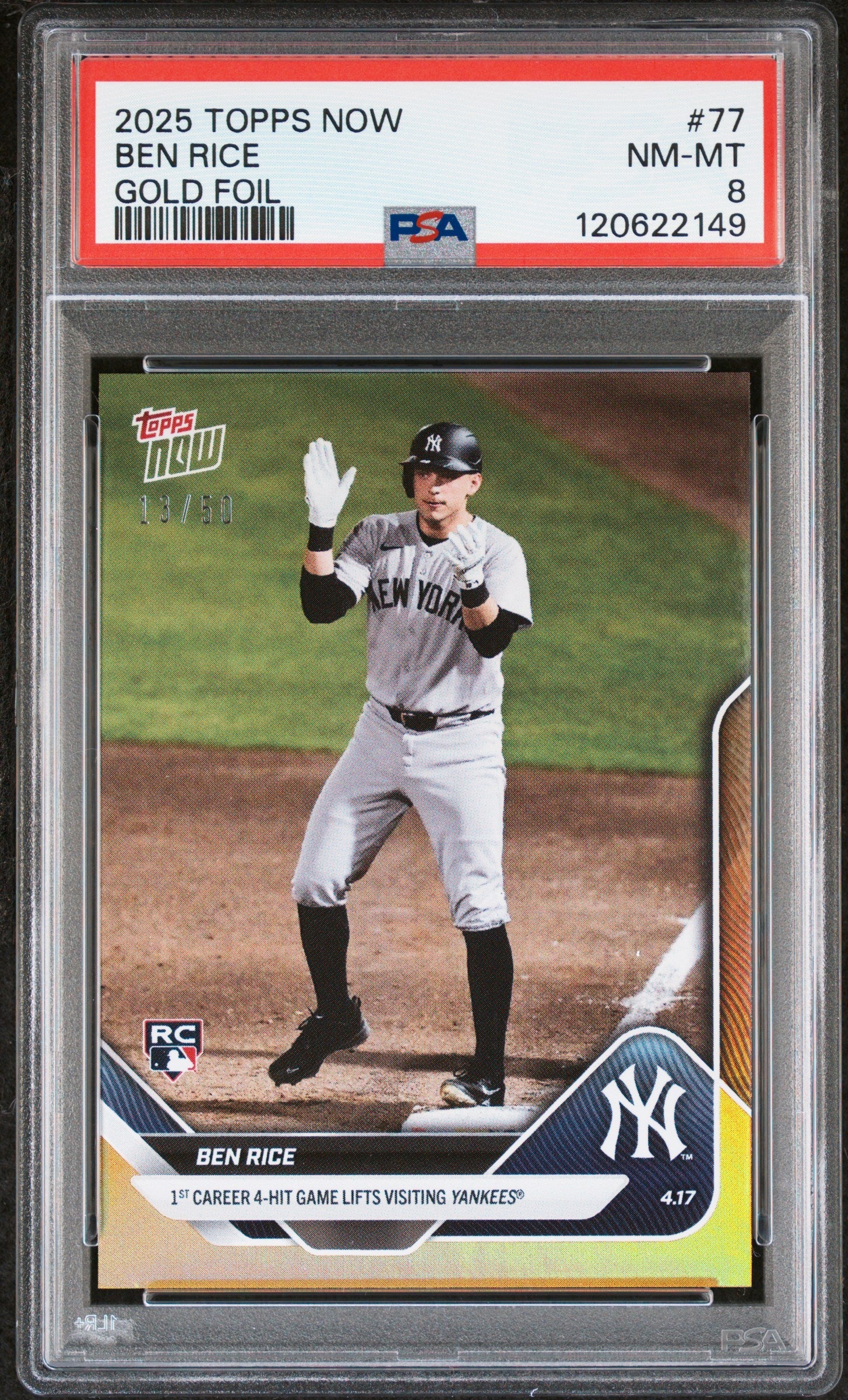 Graded 2025 Topps Now Ben Rice #77 Gold Foil /50 Rookie RC Baseball Card PSA 8 Near Mint