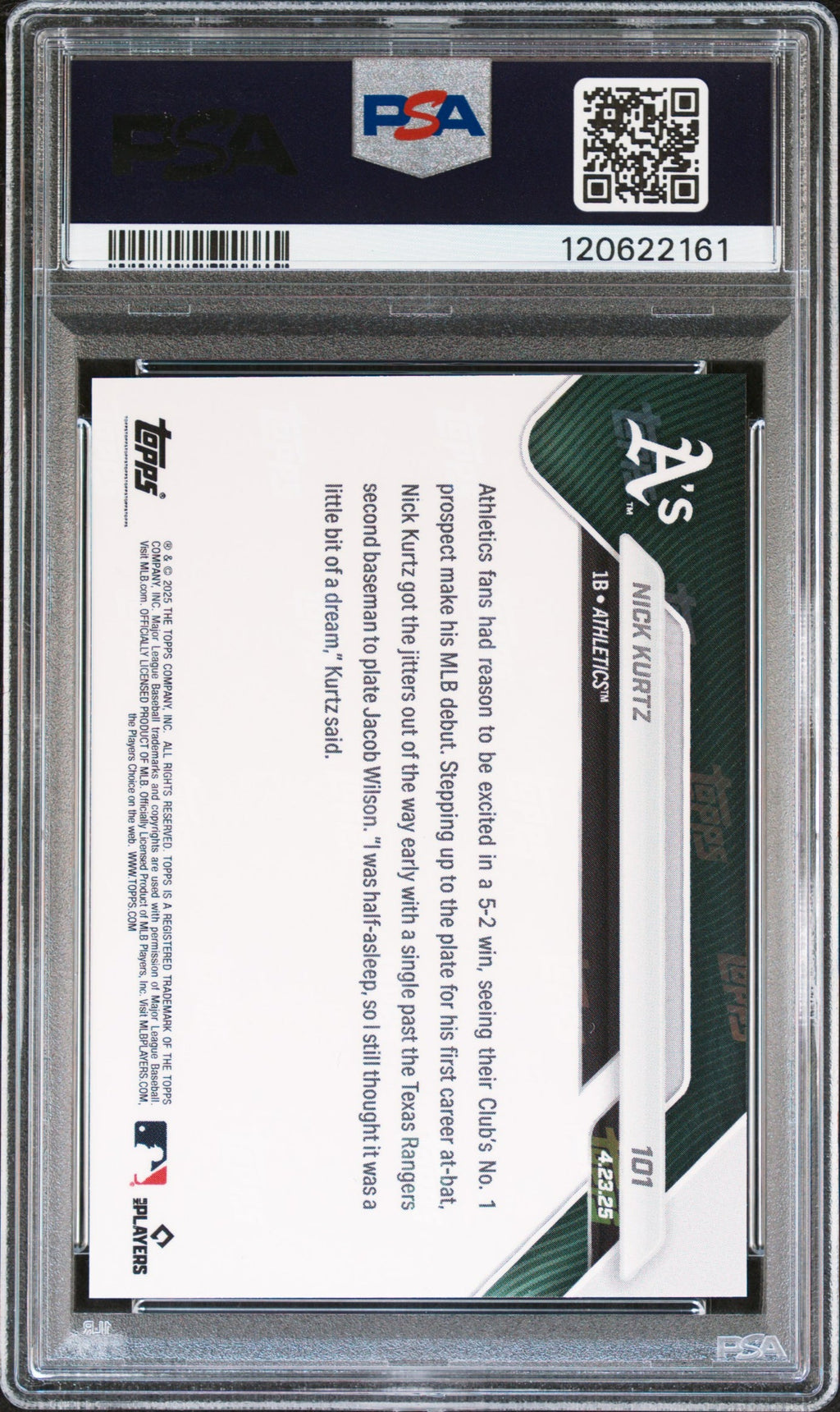 Graded 2025 Topps Now Nick Kurtz #101 Rookie RC Baseball Card PSA 9 Mint