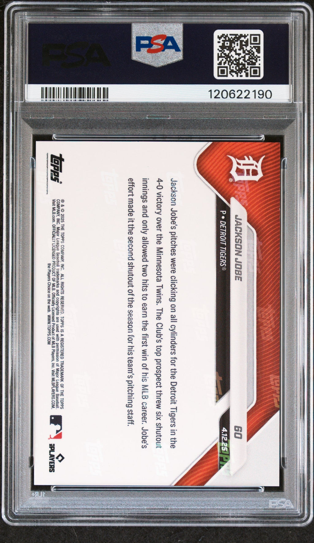Graded 2025 Topps Now Jackson Jobe #60 Orange Foil /25 Rookie RC Baseball Card PSA 9 Mint