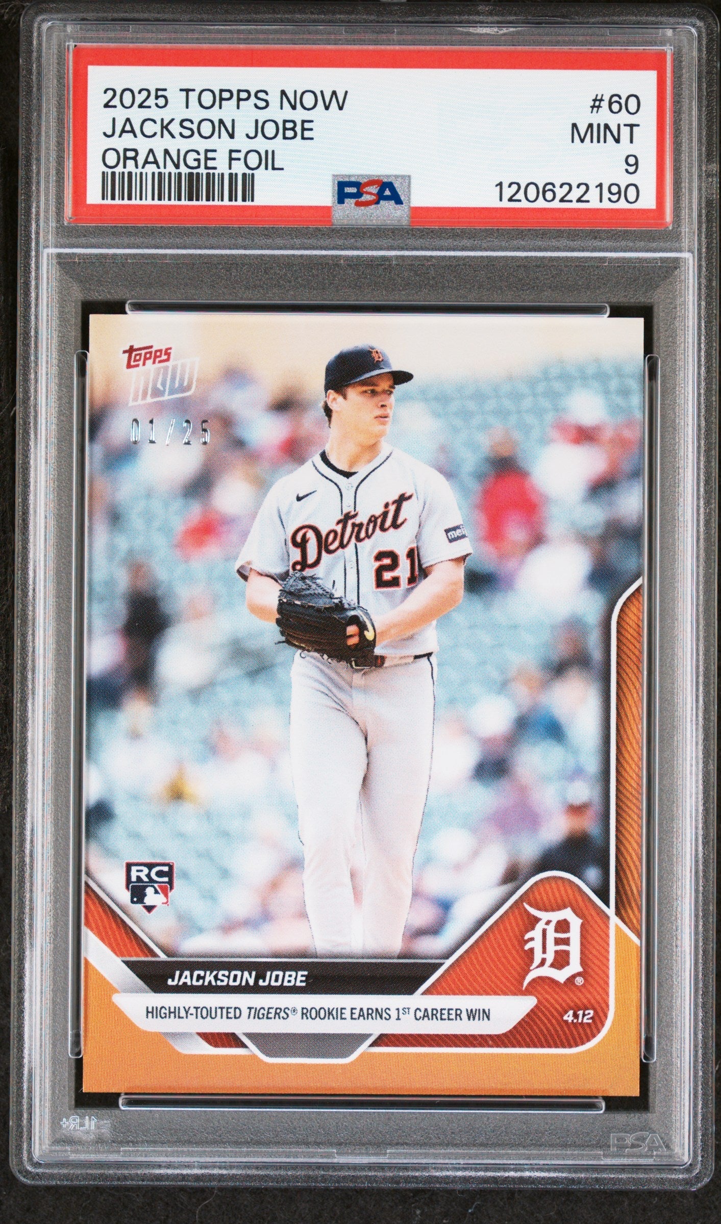 Graded 2025 Topps Now Jackson Jobe #60 Orange Foil /25 Rookie RC Baseball Card PSA 9 Mint