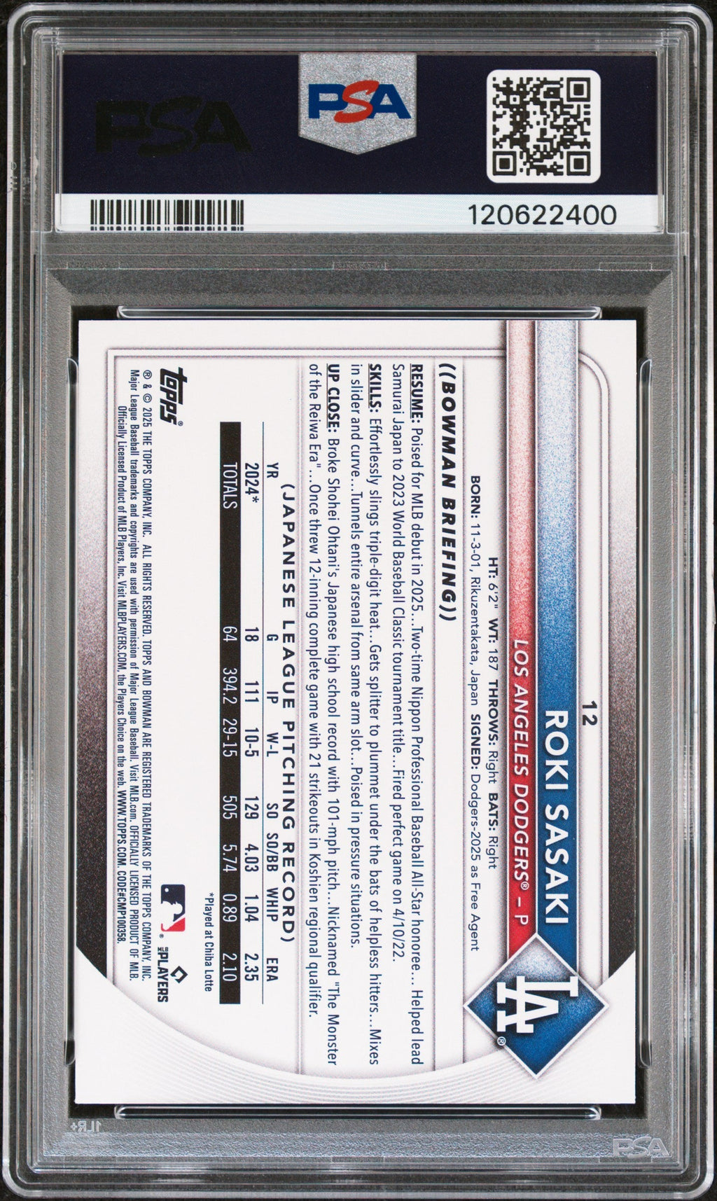 Graded 2025 Topps Bowman Roki Sasaki #12 Rookie RC Baseball Card PSA 10 Gem Mint