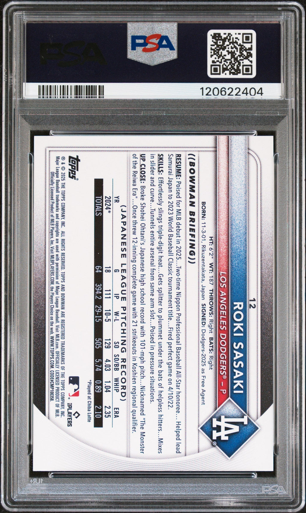 Graded 2025 Topps Bowman Roki Sasaki #12 Rookie RC Baseball Card PSA 9 Mint