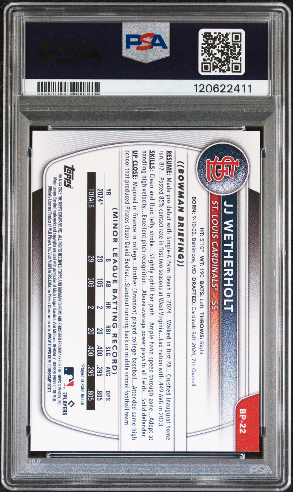 Graded 2025 Topps Bowman JJ Wetherholt #BP22 Paper Prospects Rookie RC Baseball Card PSA 6 Excellent